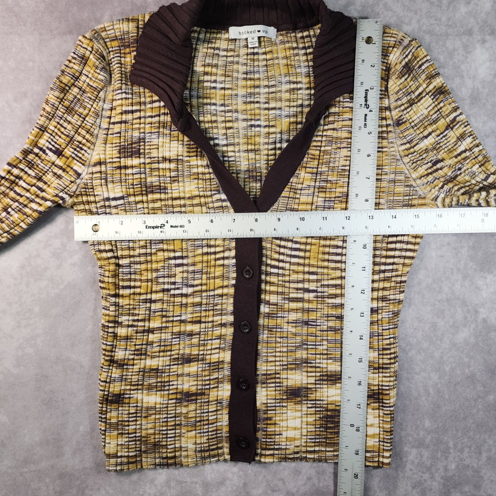 Hooked Up Y2K Brown Mustard Striped Ribbed Cardigan Sweater M Fitted - Picture 3 of 6